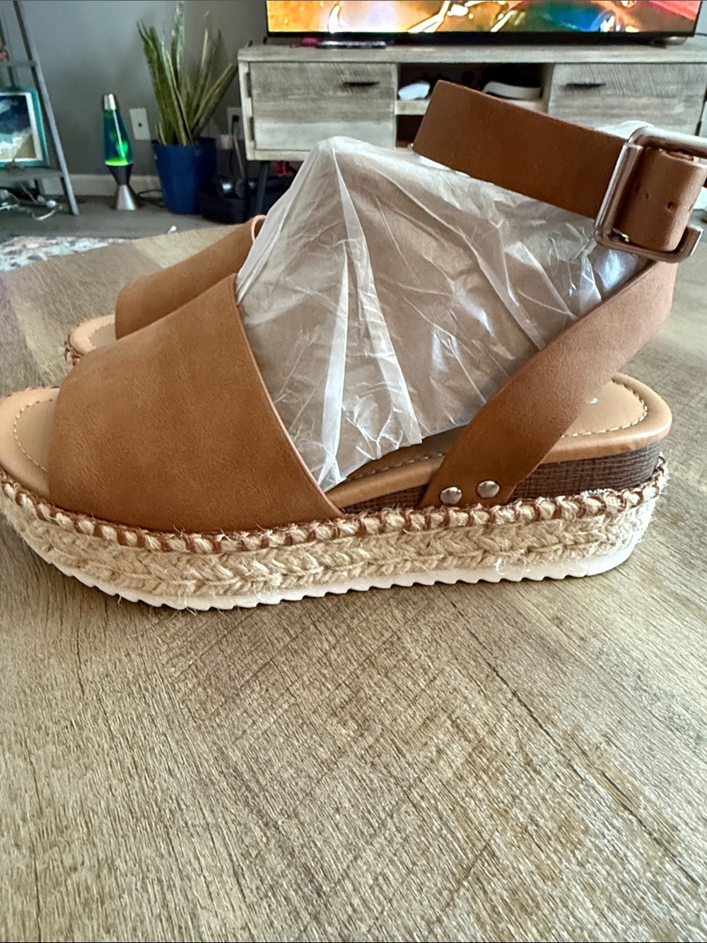 Soda Tan Espadrille Platform Sandals with Ankle Buckle